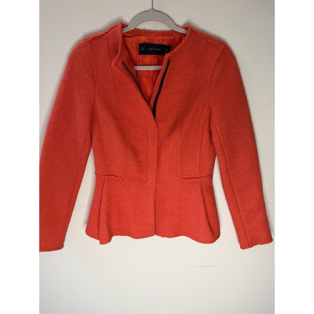 ZARA WOMEN ORANGE RED Peplum WOOL ZIPPED JACKET COAT XS Fitted Classic Iconic